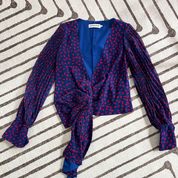 Self-Portrait Blue and Red Silk Crepe Printed Wrap Blouse Top EUC Size 0/XS - Picture 2 of 5